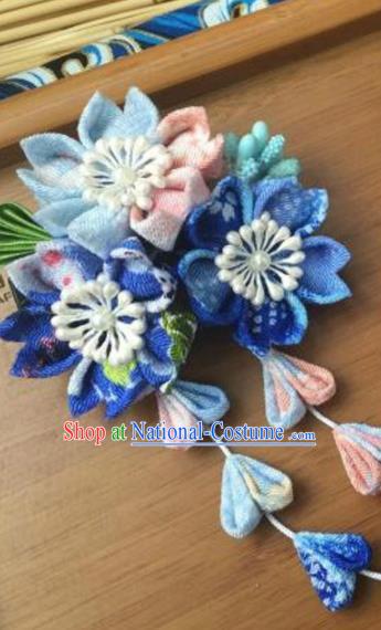 Japanese Geisha Courtesan Kimono Blue Sakura Tassel Hair Claw Hairpins Traditional Yamato Hair Accessories for Women