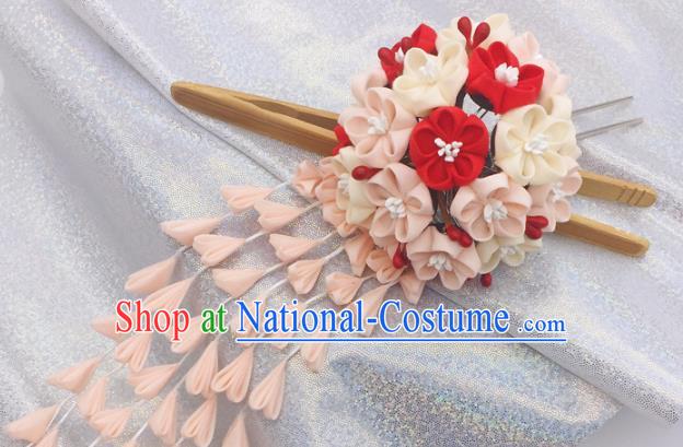 Japanese Geisha Courtesan Kimono Pink Sakura Tassel Hairpins Traditional Yamato Hair Accessories for Women