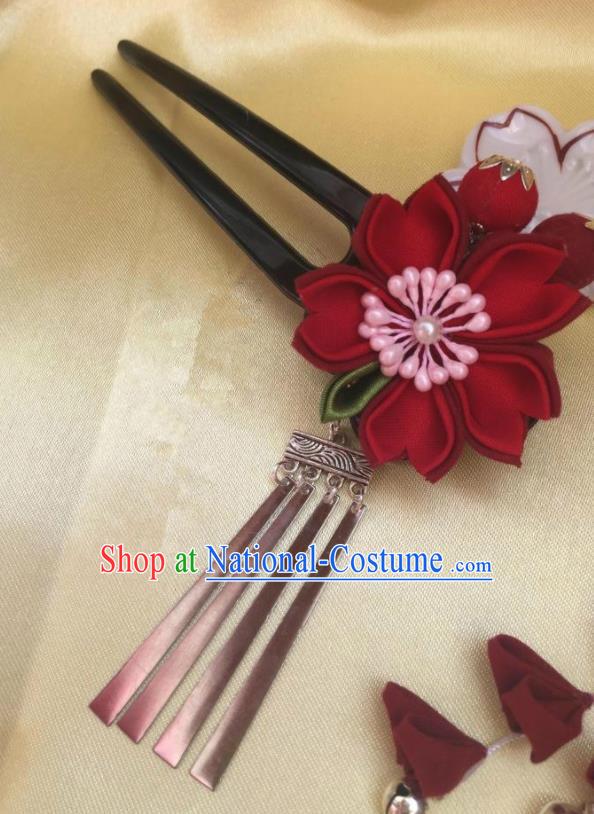 Japanese Geisha Courtesan Kimono Red Sakura Hairpins Traditional Yamato Hair Accessories for Women