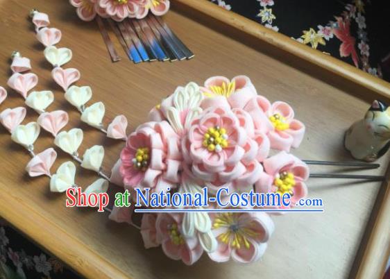 Japanese Geisha Courtesan Kimono Pink Sakura Tassel Hairpins Traditional Yamato Hair Accessories for Women