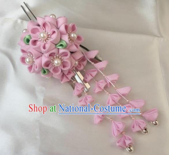 Japanese Geisha Courtesan Kimono Pink Sakura Tassel Hairpins Traditional Yamato Hair Accessories for Women