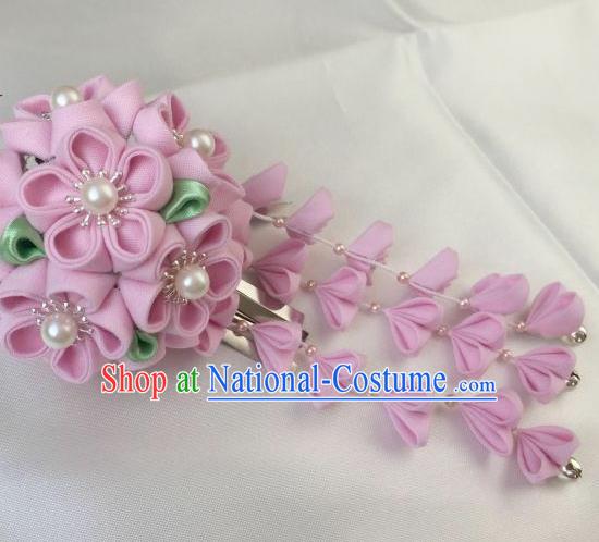 Japanese Geisha Courtesan Kimono Pink Sakura Tassel Hairpins Traditional Yamato Hair Accessories for Women