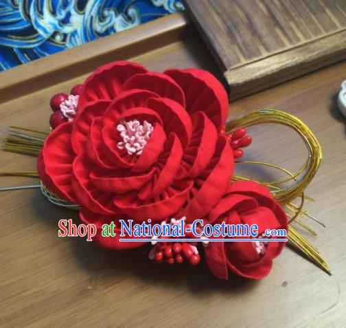 Japanese Geisha Courtesan Kimono Red Camellia Hairpins Traditional Yamato Hair Accessories for Women