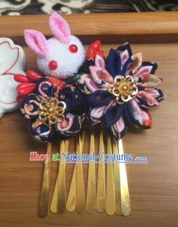 Japanese Geisha Courtesan Kimono Navy Sakura Rabbit Hair Claw Hairpins Traditional Yamato Hair Accessories for Women