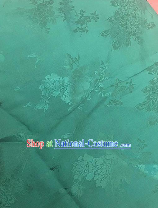 Traditional Chinese Royal Peacock Peony Pattern Design Green Brocade Silk Fabric Asian Satin Material