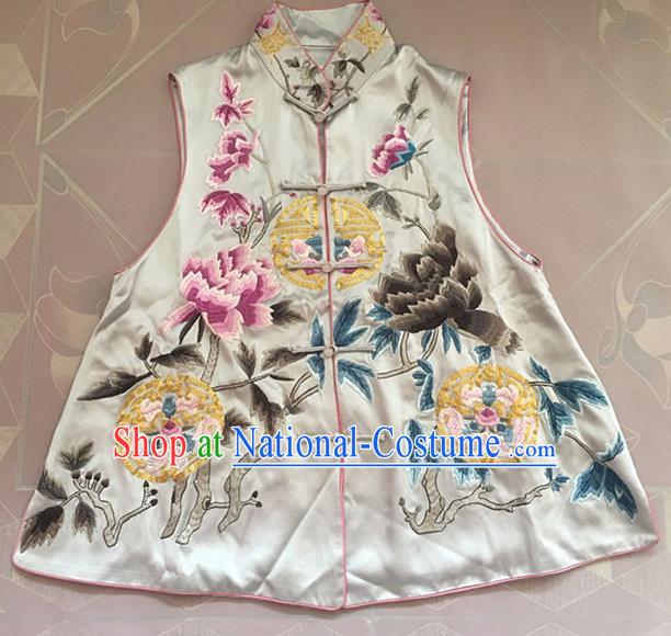 Chinese Traditional Tang Suit Embroidered Peony Vest National Costume White Waistcoat for Women