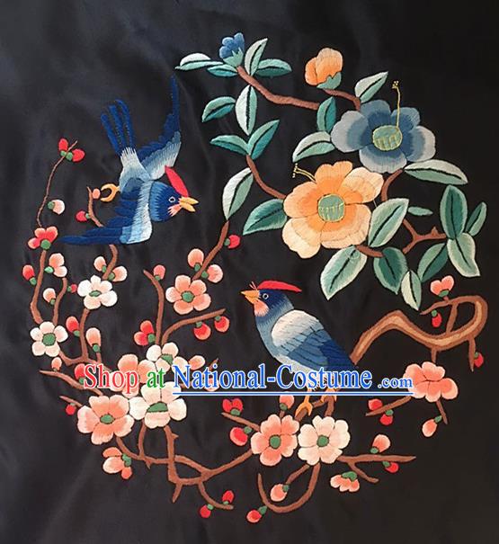 Chinese Handmade Traditional Embroidery Craft Embroidered Plum Birds Silk Fabric Patch