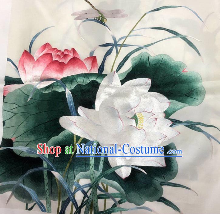 Chinese Handmade Embroidered Lotus Silk Fabric Patch Traditional Embroidery Craft