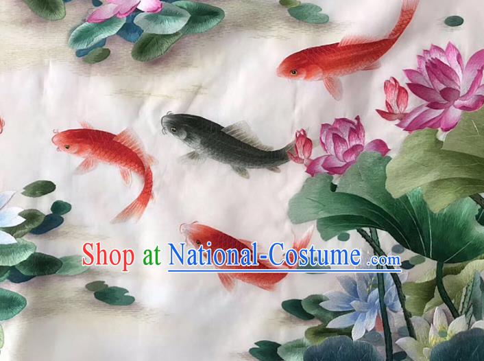 Chinese Handmade Embroidered Goldfish Lotus Silk Fabric Patch Traditional Embroidery Craft