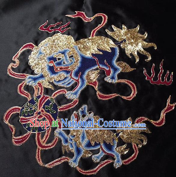 Chinese Handmade Embroidered Lions Black Silk Fabric Patch Traditional Embroidery Craft