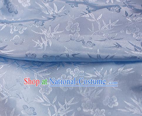 Traditional Chinese Royal Bamboo Plum Pattern Design Blue Brocade Silk Fabric Asian Satin Material