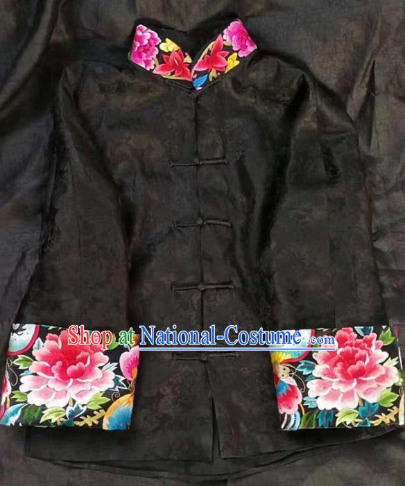 Chinese Traditional Tang Suit Embroidered Peony Black Coat National Costume Qipao Shirt for Women