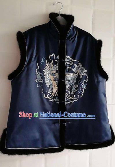 Chinese Traditional Tang Suit Embroidered Kylin Navy Vest National Costume Qipao Shirt for Women