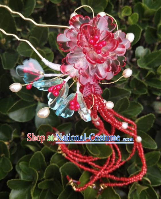 Chinese Ancient Hanfu Red Peony Tassel Hairpins Traditional Handmade Hair Accessories for Women