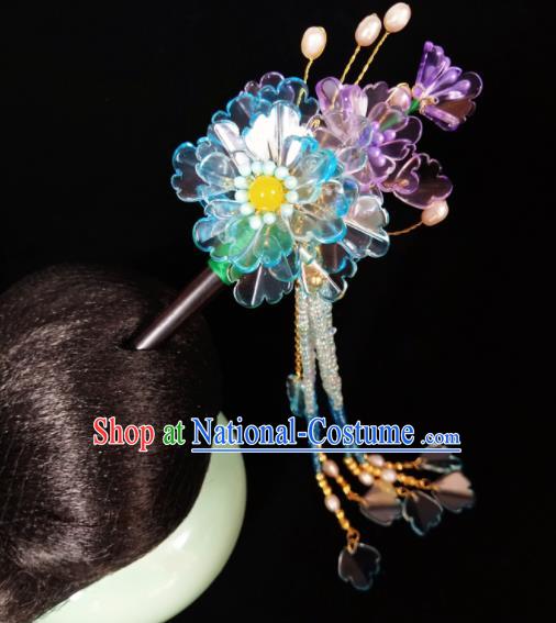 Chinese Ancient Hanfu Blue Flowers Tassel Hairpins Traditional Handmade Hair Accessories for Women