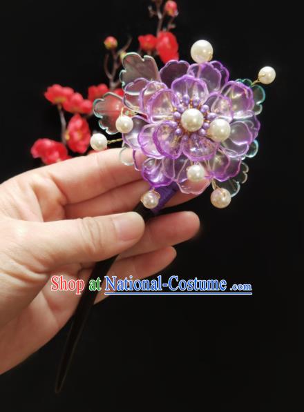 Chinese Ancient Hanfu Purple Flower Sandalwood Hairpins Traditional Handmade Hair Accessories for Women