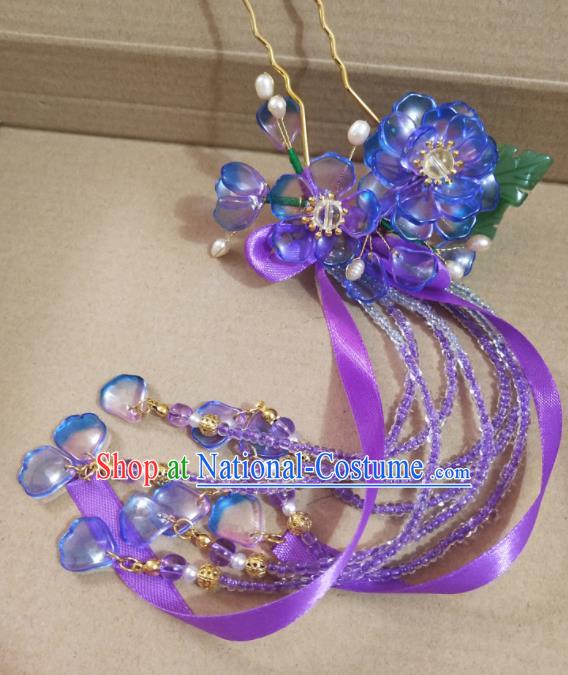 Chinese Ancient Hanfu Purple Flower Ribbon Tassel Hairpins Traditional Handmade Hair Accessories for Women