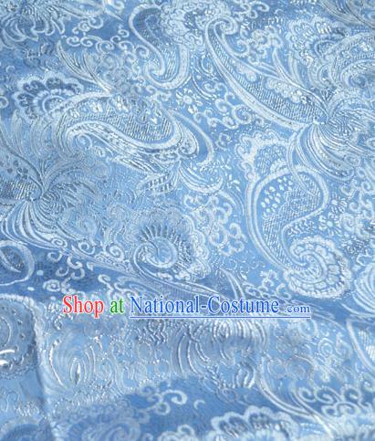 Traditional Chinese Royal Loquat Flower Pattern Design Blue Brocade Silk Fabric Asian Satin Material