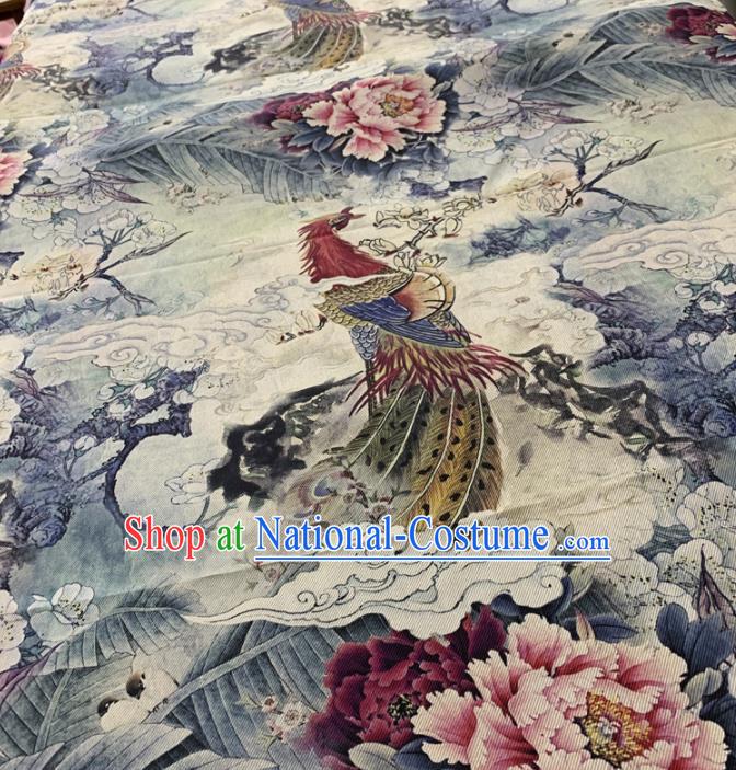 Traditional Chinese Royal Phoenix Peony Pattern Design White Brocade Silk Fabric Asian Satin Material