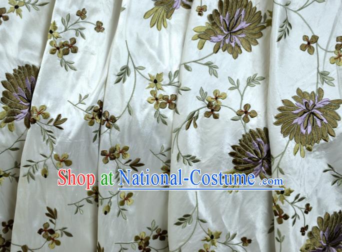 Chinese Traditional Embroidered Chrysanthemum Pattern Design White Silk Fabric Brocade Asian Satin Material