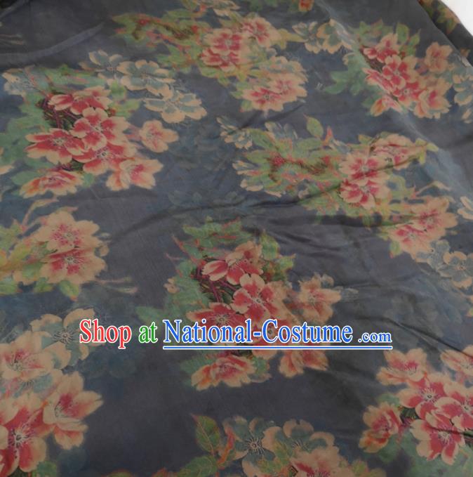 Traditional Chinese Royal Peach Flowers Pattern Design Navy Brocade Silk Fabric Asian Satin Material