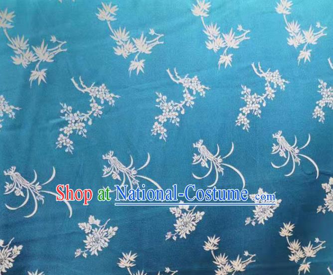 Chinese Traditional Chrysanthemum Orchid Pattern Design Blue Satin Brocade Fabric Asian Silk Material