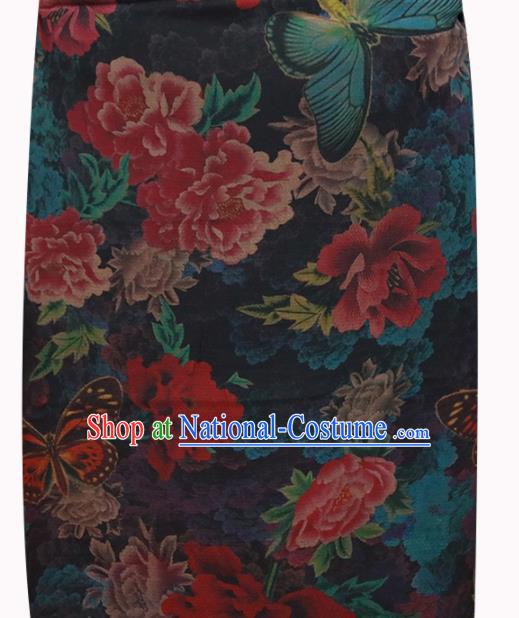 Chinese Traditional Peony Flowers Pattern Design Navy Satin Brocade Fabric Asian Silk Material