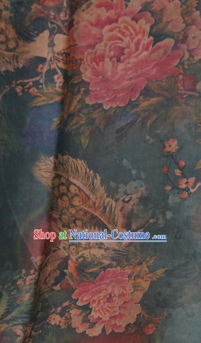 Chinese Traditional Peony Plum Pattern Design Navy Satin Brocade Fabric Asian Silk Material