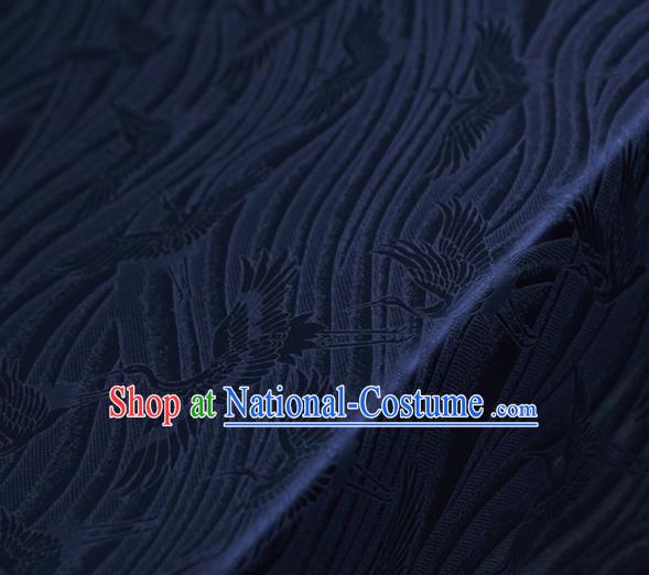 Chinese Traditional Flow Cranes Pattern Design Navy Satin Brocade Fabric Asian Silk Material