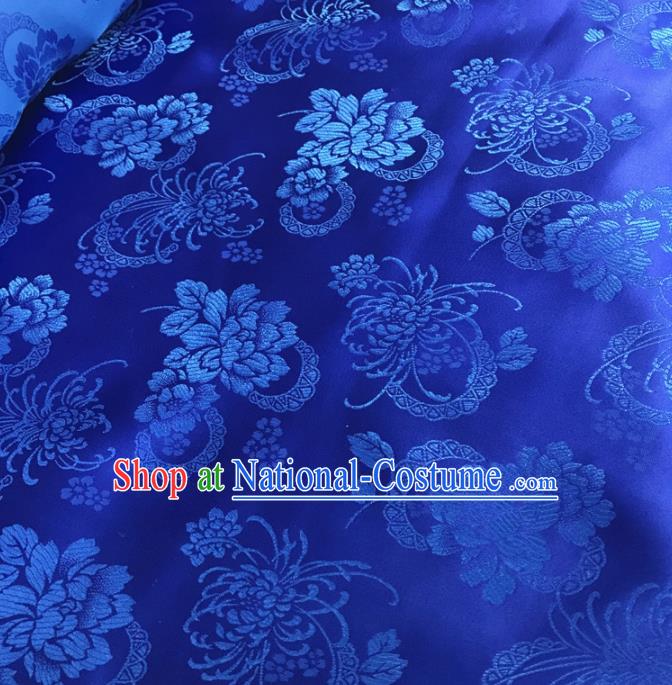 Traditional Chinese Royal Chrysanthemum Peony Pattern Design Royalblue Brocade Silk Fabric Asian Satin Material