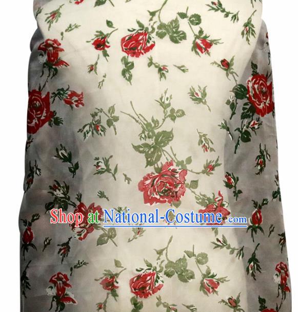 Chinese Traditional Roses Pattern Design Cheongsam White Satin Brocade Fabric Asian Silk Material