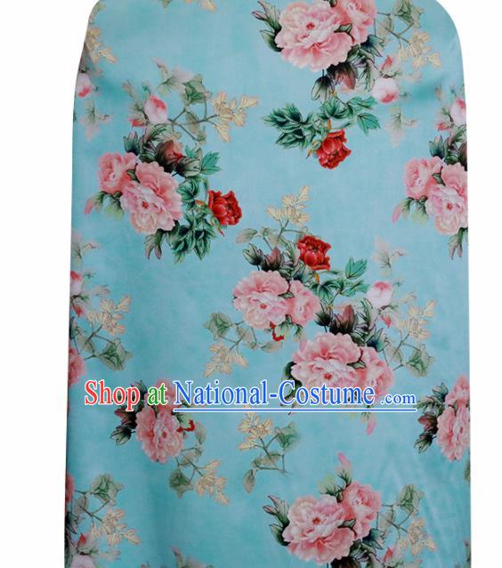 Chinese Traditional Peony Pattern Design Blue Satin Brocade Fabric Asian Silk Material