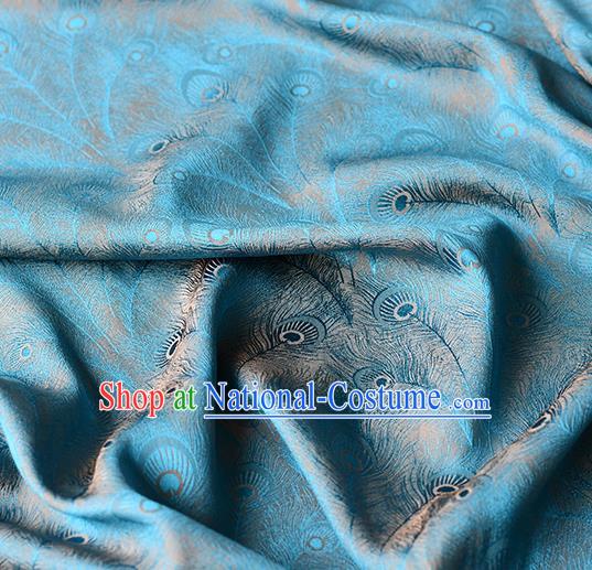 Chinese Traditional Feather Pattern Design Cheongsam Blue Satin Brocade Fabric Asian Silk Material