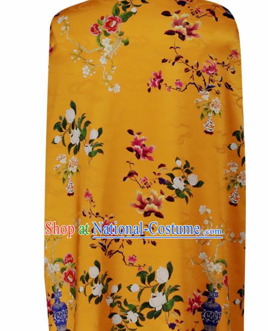 Chinese Traditional Yulan Magnolia Pattern Design Orange Satin Brocade Fabric Asian Silk Material