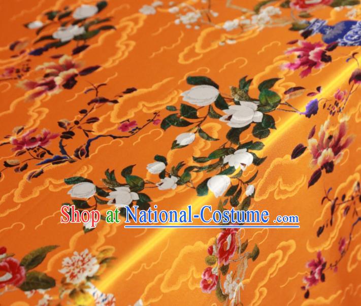 Chinese Traditional Yulan Magnolia Pattern Design Orange Satin Brocade Fabric Asian Silk Material