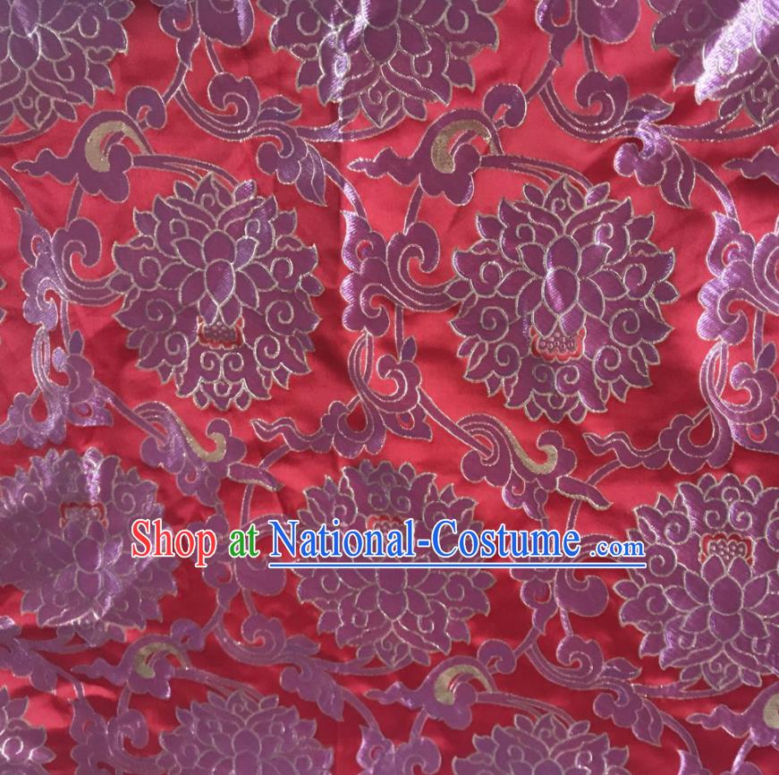 Chinese Traditional Lotus Pattern Design Red Satin Hanfu Brocade Fabric Asian Silk Material