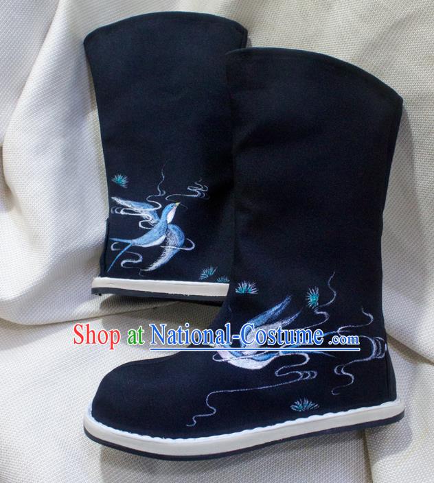 Asian Chinese Ancient Taoist Priest Embroidered Birds Shoes Swordsman Black Boots Traditional Hanfu Shoes for Men