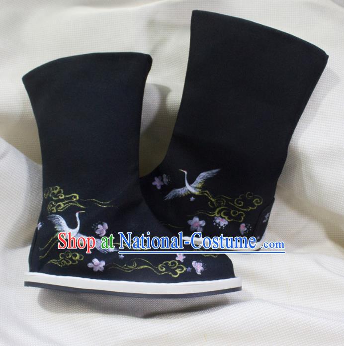 Asian Chinese Ancient Taoist Priest Embroidered Cranes Shoes Swordsman Black Boots Traditional Hanfu Shoes for Men