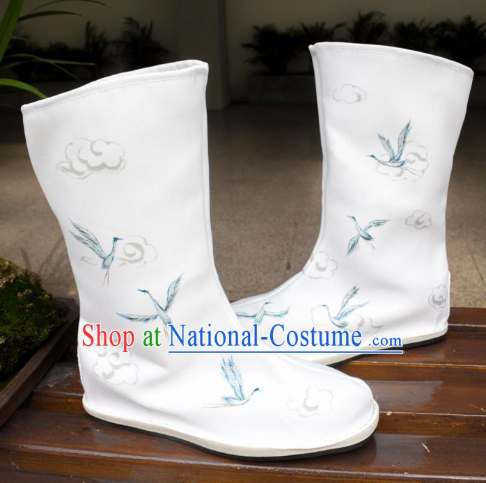 Asian Chinese Ancient Swordsman Printing Cranes White Boots Taoist Priest Shoes Traditional Hanfu Shoes for Men