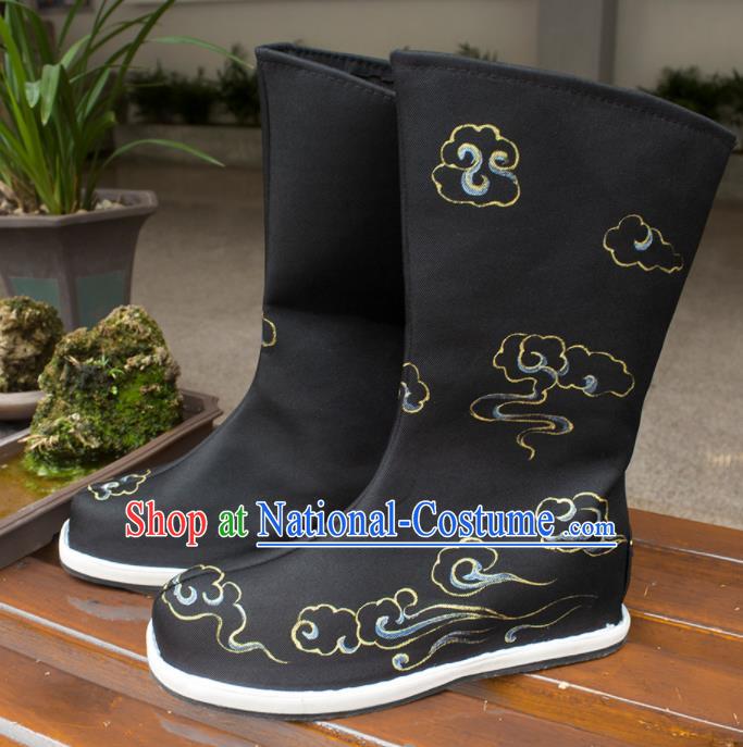 Asian Chinese Ancient Swordsman Printing Cloud Black Boots Taoist Priest Shoes Traditional Hanfu Shoes for Men