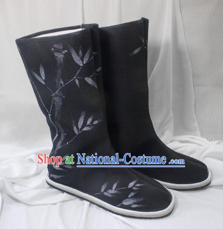 Asian Chinese Ancient Swordsman Printing Bamboo Black Boots Taoist Priest Shoes Traditional Hanfu Shoes for Men