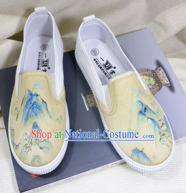 Asian Chinese Ancient Swordsman Printing Yellow Cloth Shoes Traditional Hanfu Shoes for Men