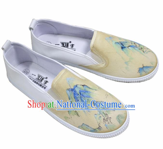 Asian Chinese Ancient Swordsman Printing Yellow Cloth Shoes Traditional Hanfu Shoes for Men