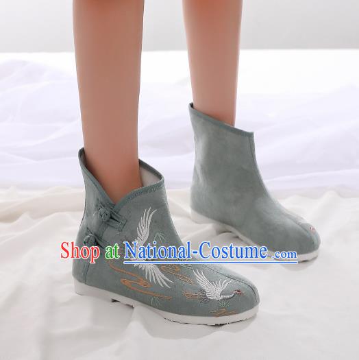 Asian Chinese Traditional Embroidered Crane Green Boots Hanfu Shoes National Cloth Shoes for Women