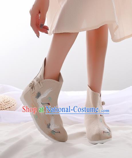 Asian Chinese Traditional Embroidered Crane Khaki Boots Hanfu Shoes National Cloth Shoes for Women