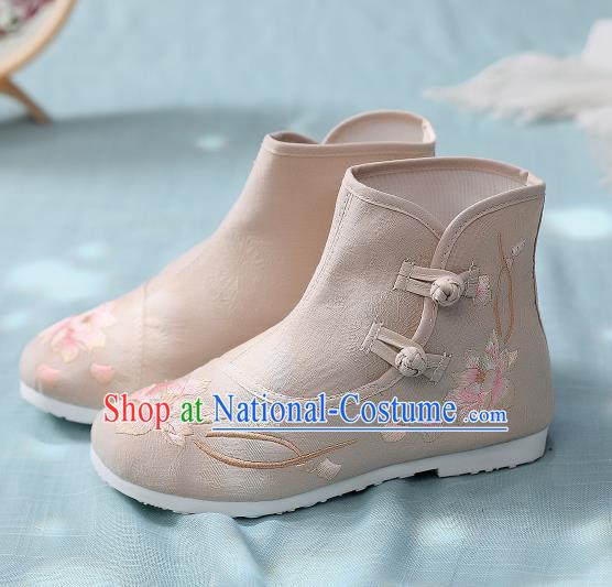 Asian Chinese Traditional Embroidered Lotus Khaki Boots Hanfu Shoes National Cloth Shoes for Women