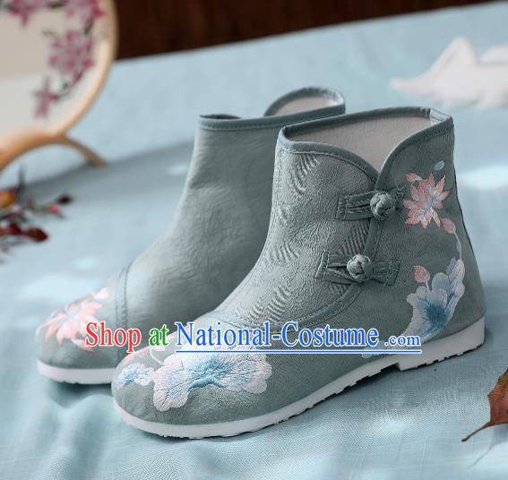 Asian Chinese Traditional Embroidered Lotus Leaf Green Boots Hanfu Shoes National Cloth Shoes for Women