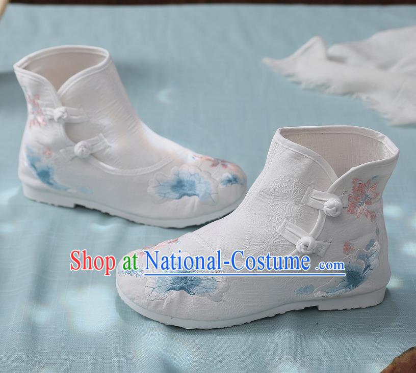 Asian Chinese Traditional Embroidered Lotus Leaf White Boots Hanfu Shoes National Cloth Shoes for Women