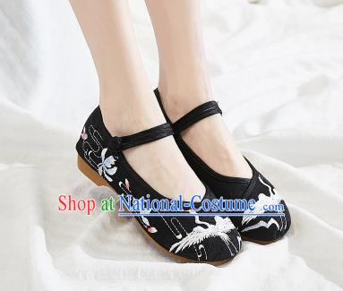 Asian Chinese Traditional Embroidered Crane Black Shoes Hanfu Shoes National Cloth Shoes for Women