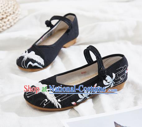 Asian Chinese Traditional Embroidered Crane Black Shoes Hanfu Shoes National Cloth Shoes for Women